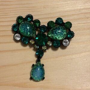 Claudette Vintage 1960s Green Art Glass Brooch With Rhinestones